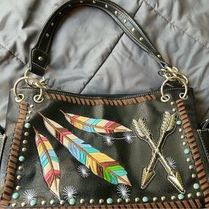 Black Feather Embroidered Shoulder Bag